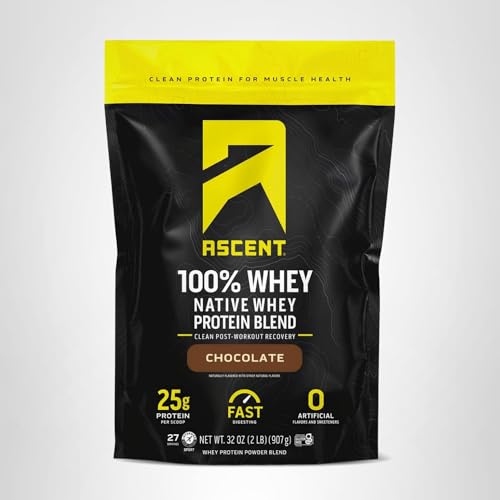 Ascent 100% Whey Protein Powder label emphasizes zero artificial flavors.
