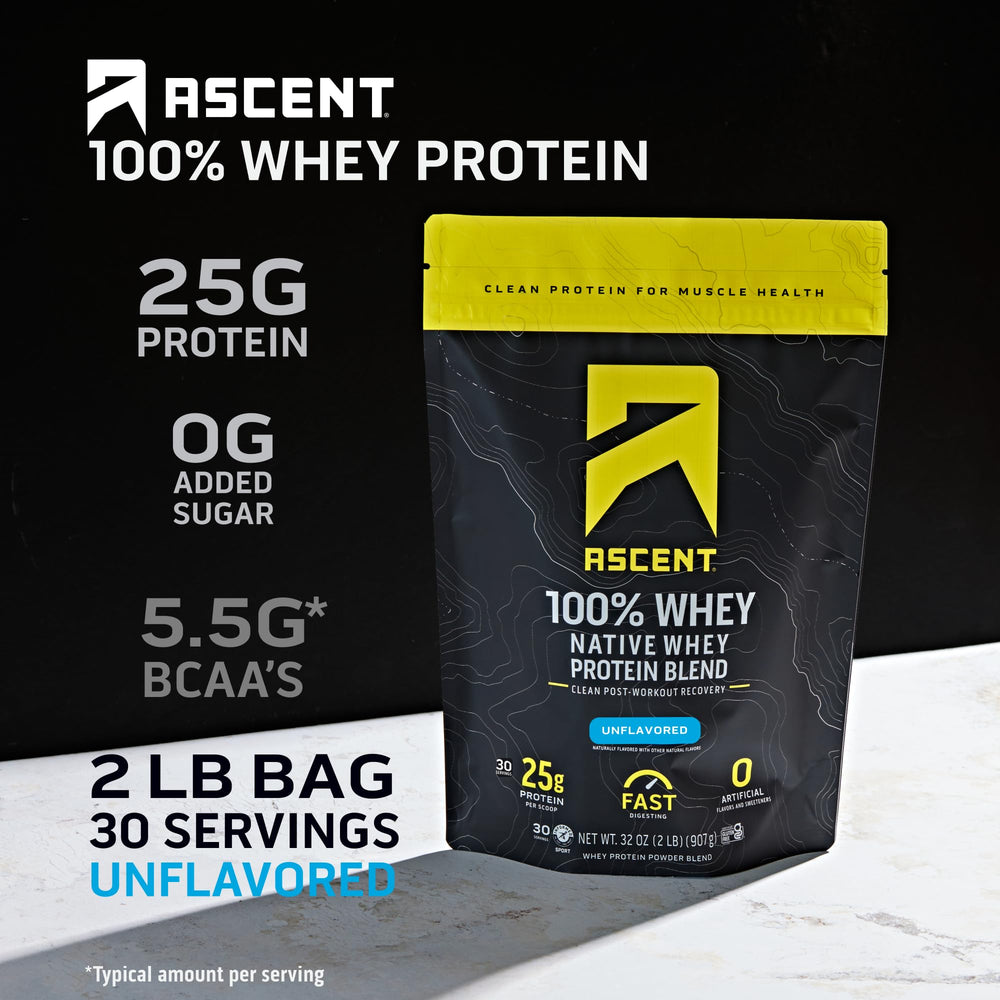 Ascent whey protein unflavored scoop ready for quick mixing after training.