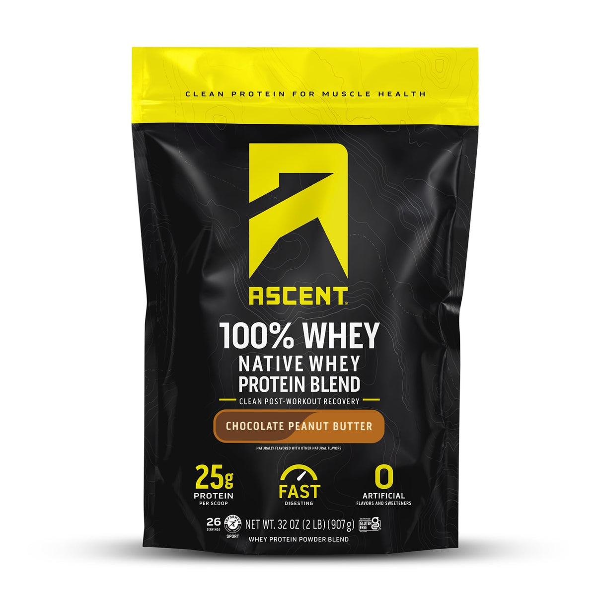Ascent whey protein scoop showing 25g protein per serving for post-workout fuel.