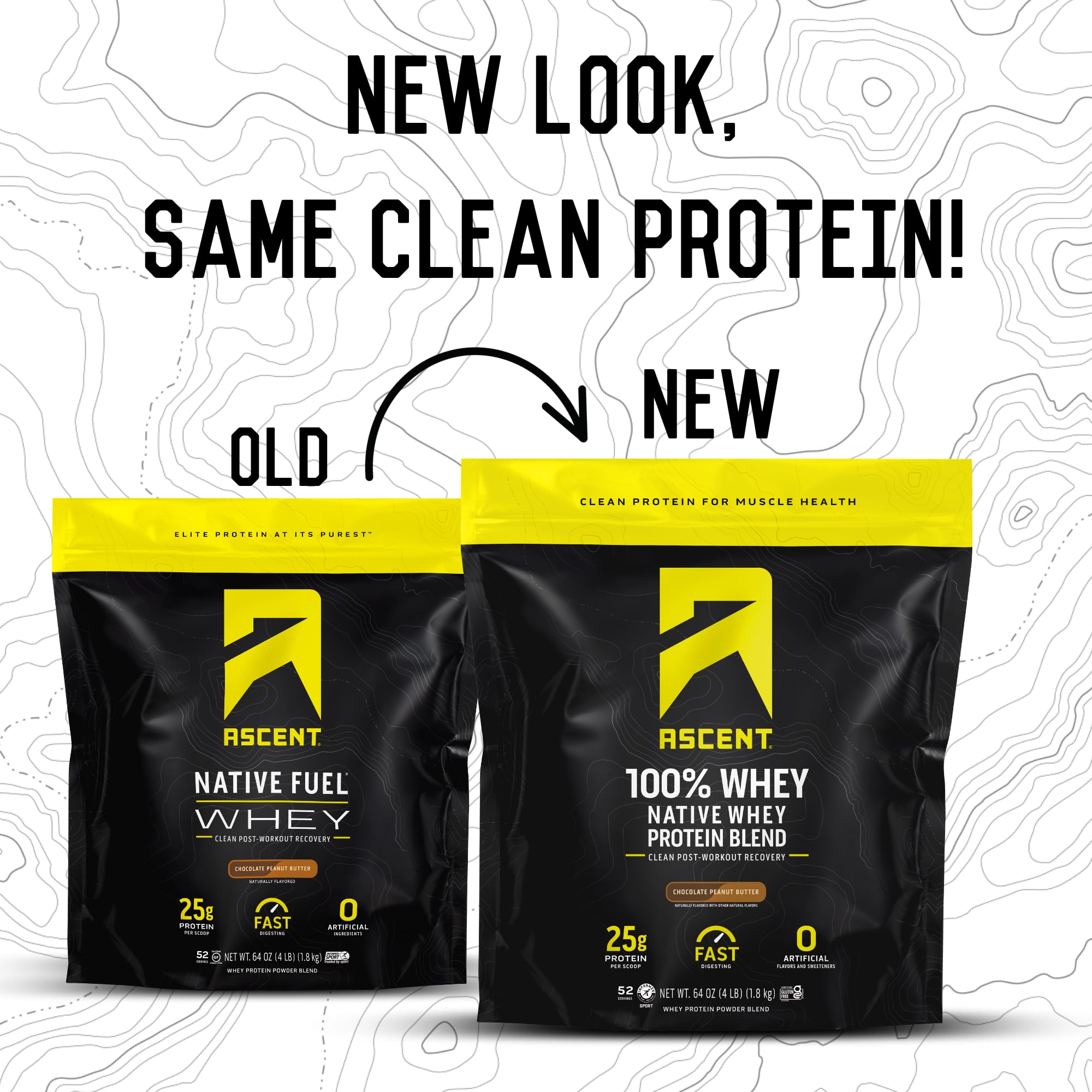 Ascent Whey Protein tub back view shows gluten-free formulation