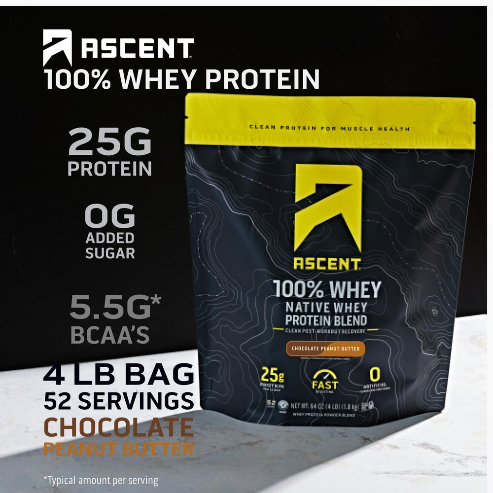 Ascent Whey Protein tub label close-up highlights clean ingredients
