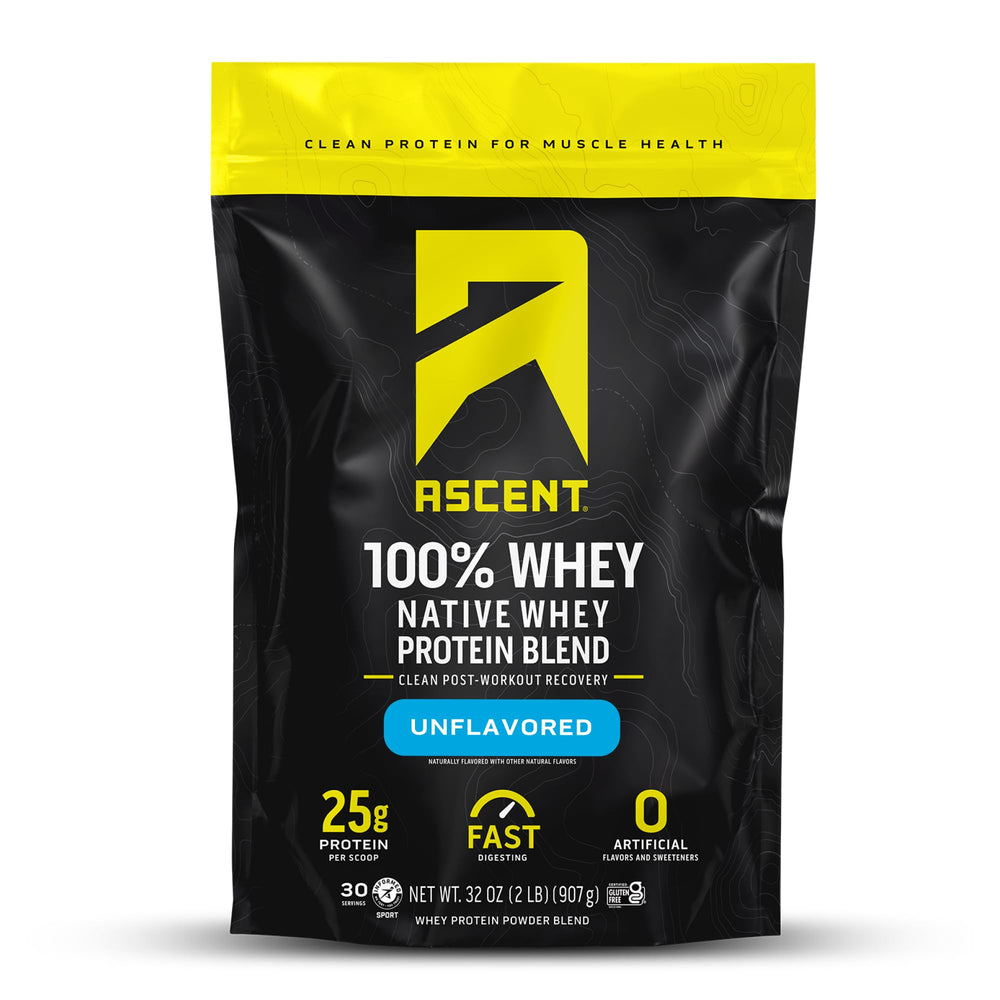 Ascent 100% Whey Protein unflavored 2 lb tub ready for post-workout shakes.