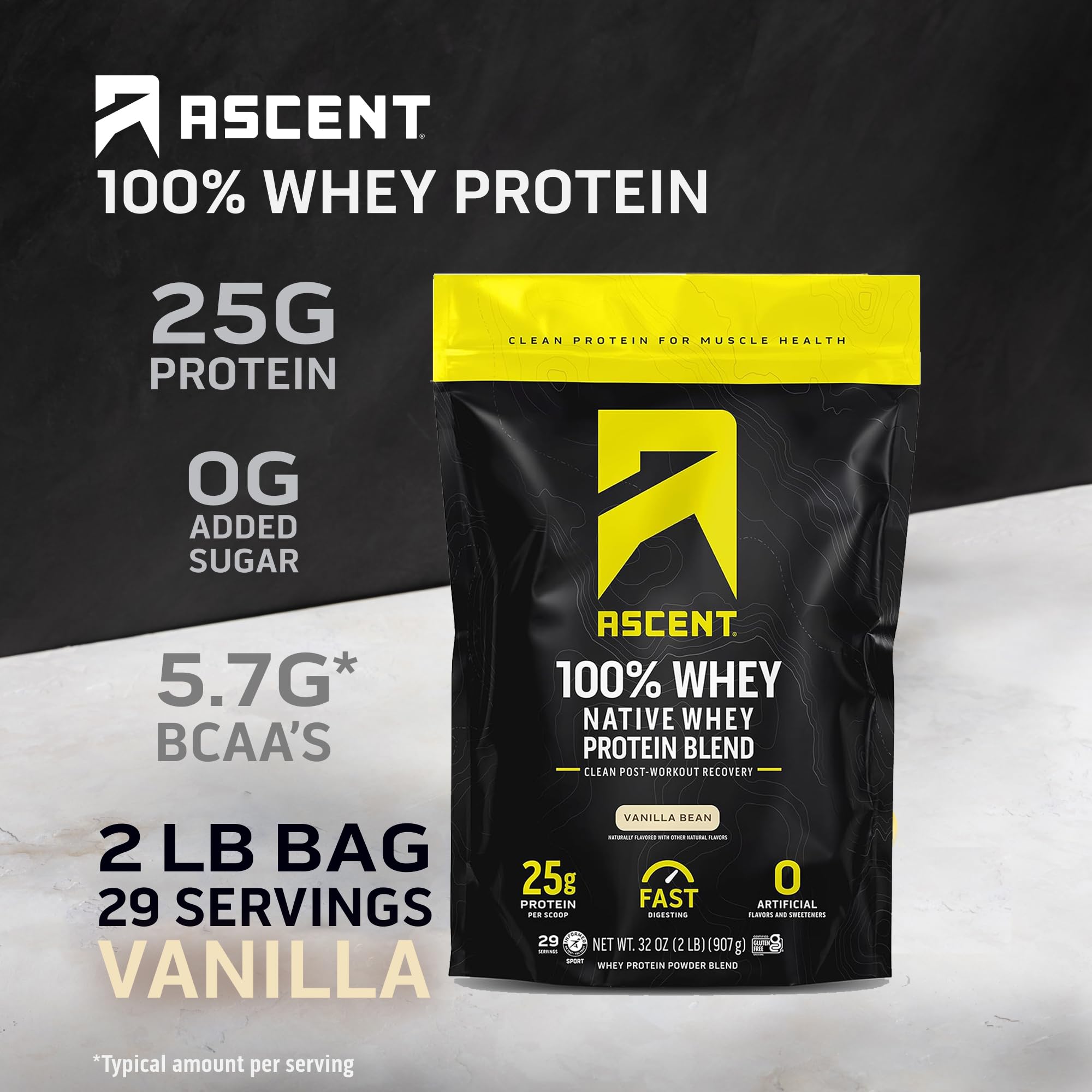 Ascent whey protein vanilla bean scoop for quick, smooth mixing.