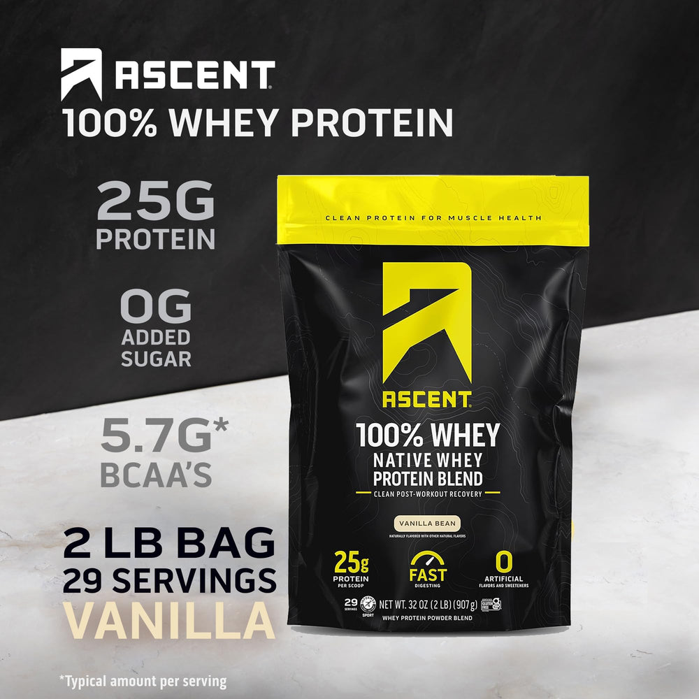 Ascent whey protein vanilla bean scoop for quick, smooth mixing.