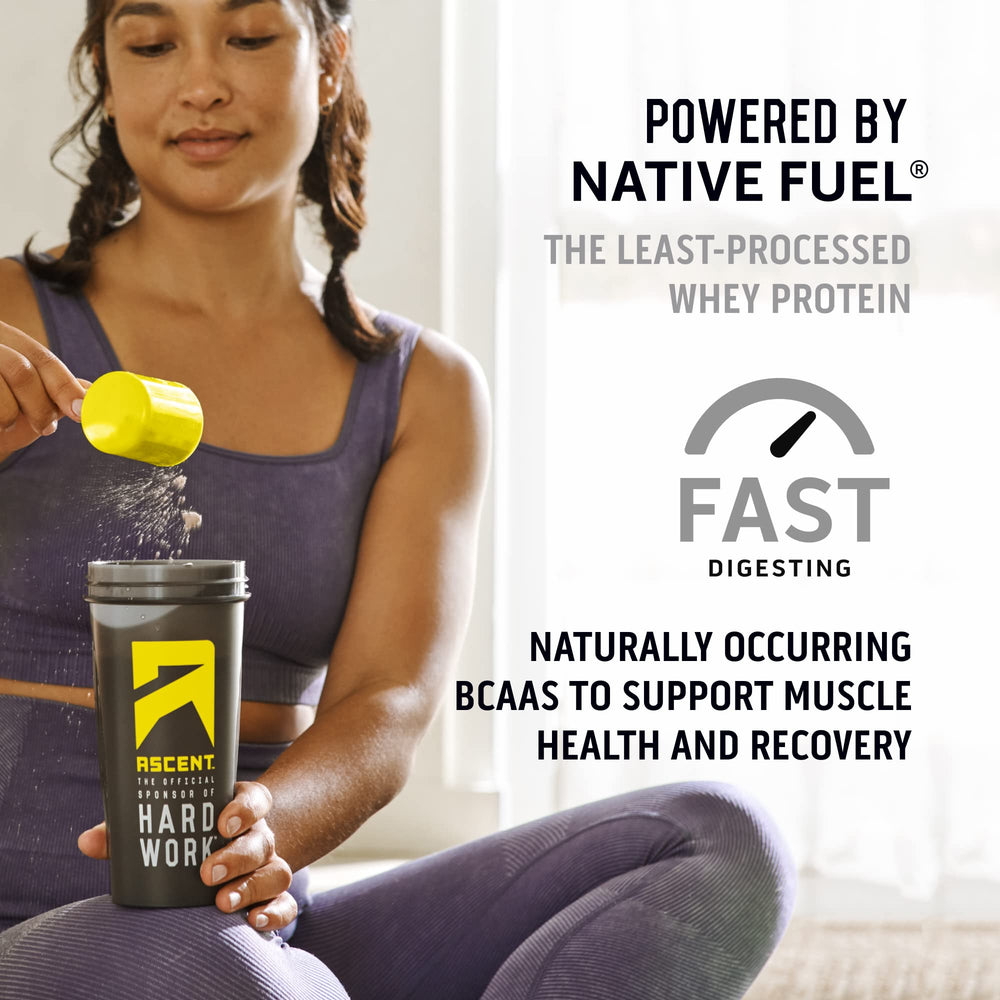 Zero added sugar label on Ascent whey protein powder.
