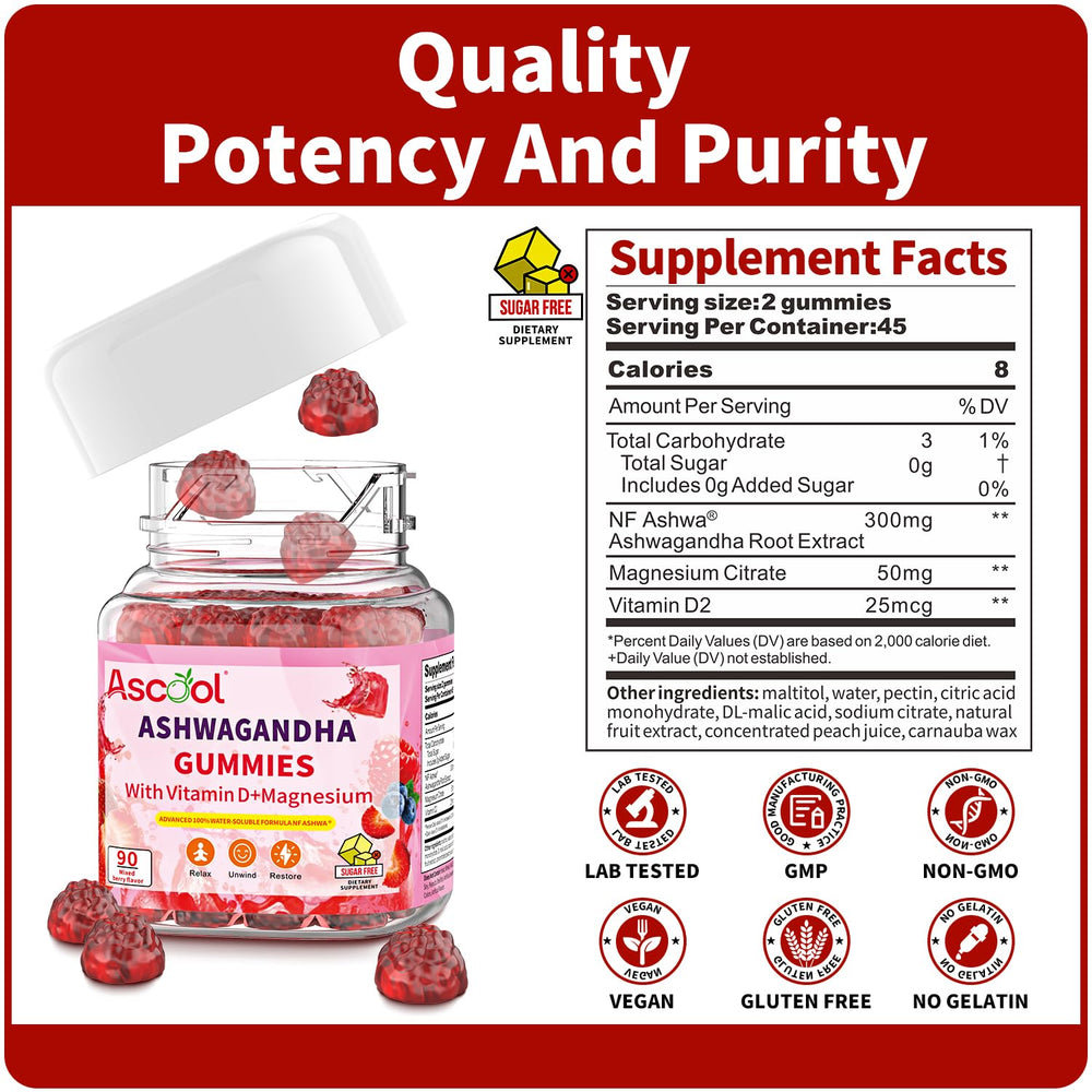 Ascool Ashwagandha Gummies berry flavor suggesting tasty, non-pill option
