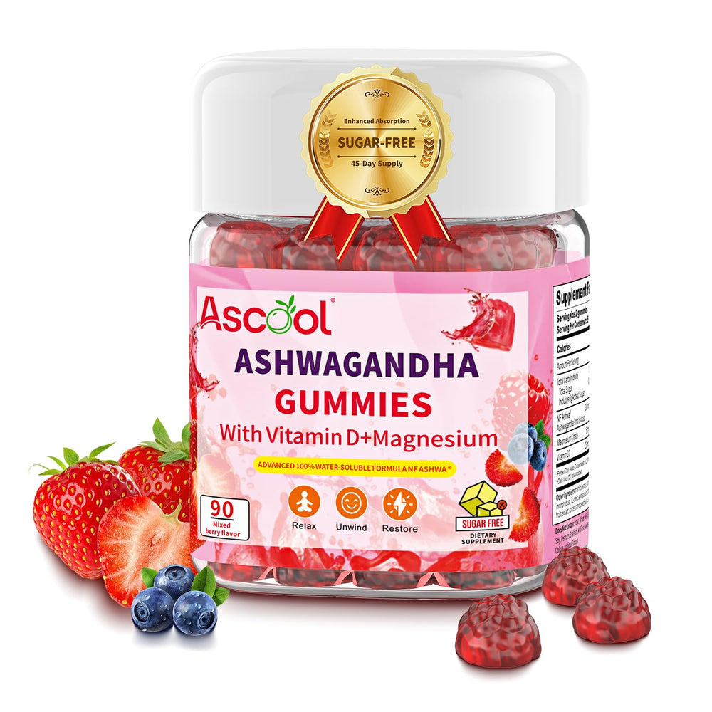 Ascool Ashwagandha Gummies bottle front showing calm, daily stress support formula