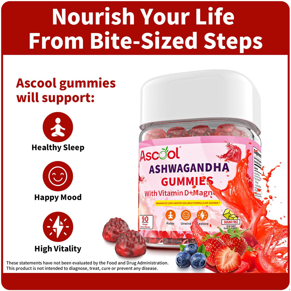 Ascool Ashwagandha Gummies gummy closeup highlighting berry flavor and texture