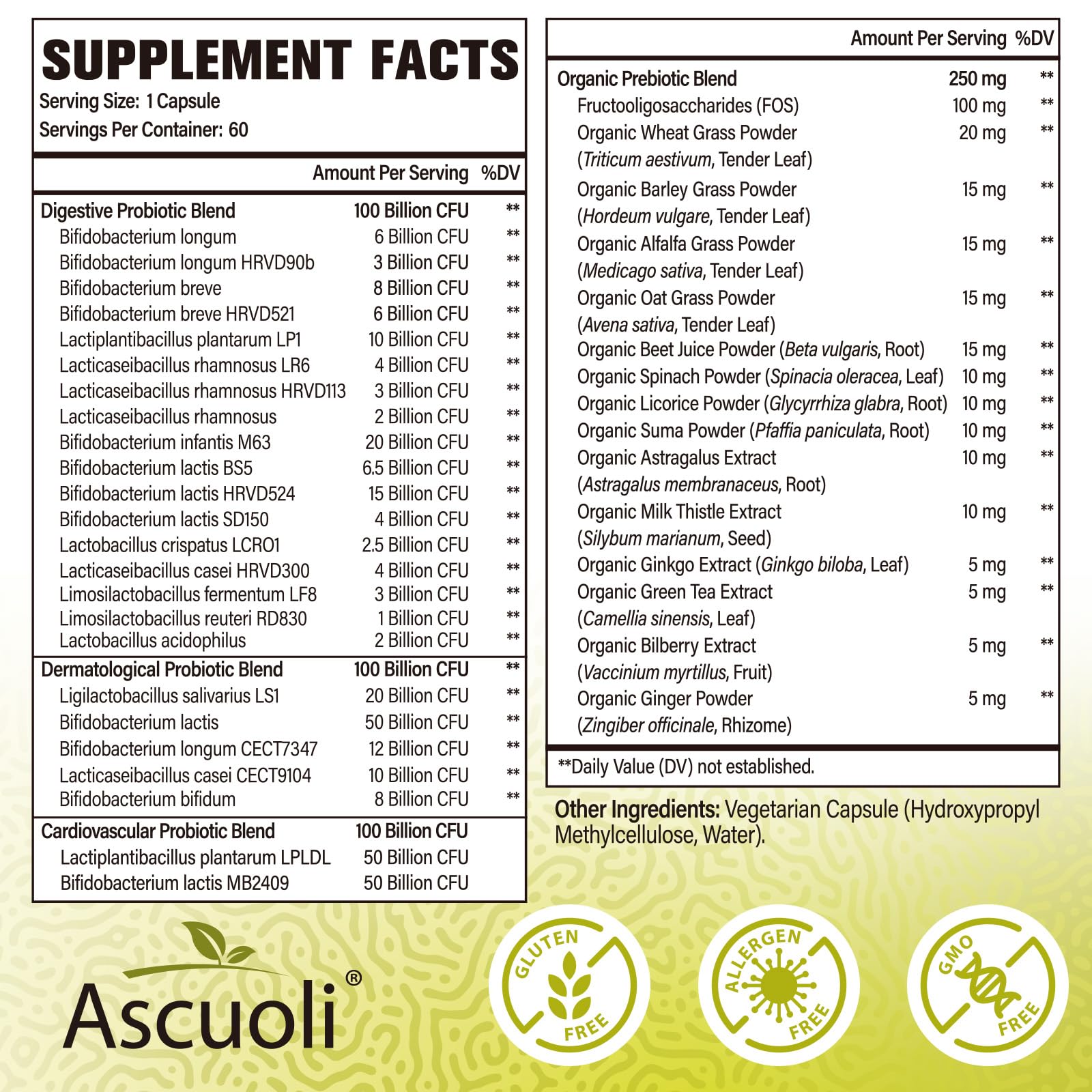 Ascuoli Probiotics close-up showing 300B CFU per serving.