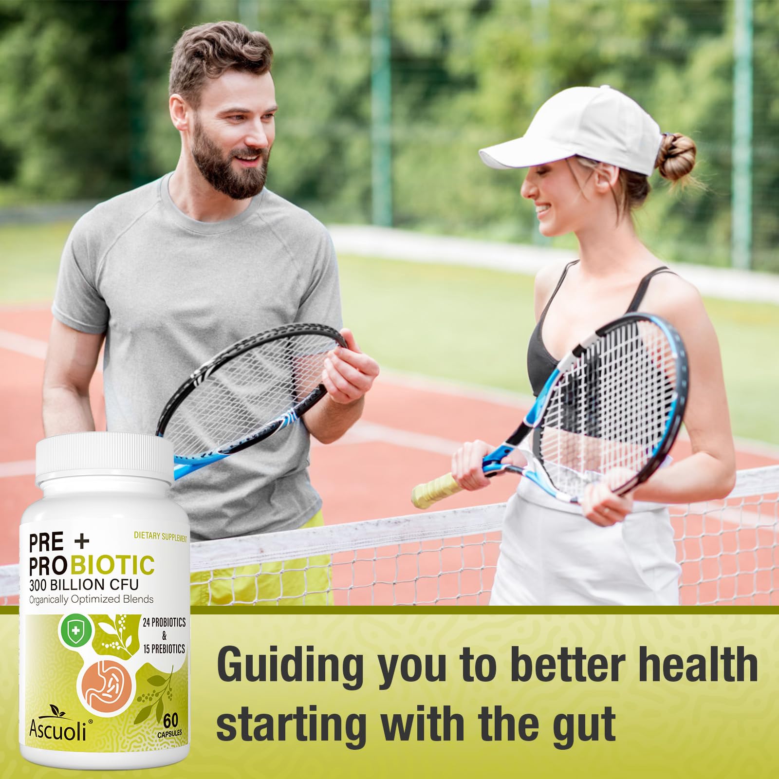 Ascuoli probiotic vegan gluten-free badge on capsule packaging.