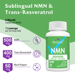Ascuoli ingredient label highlights the 3-in-1 NMN, Resveratrol, and pepper.