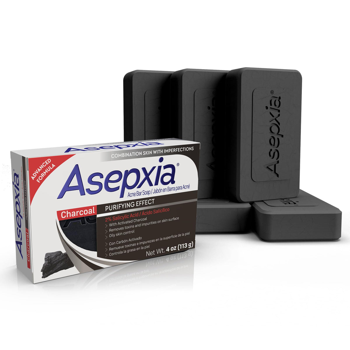 Asepxia salicylic acid charcoal bar soap packaging highlights acne-fighting routine.