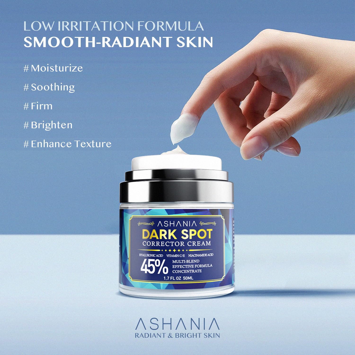 Applying Ashania Dark Spot Corrector to the face for daily routine.