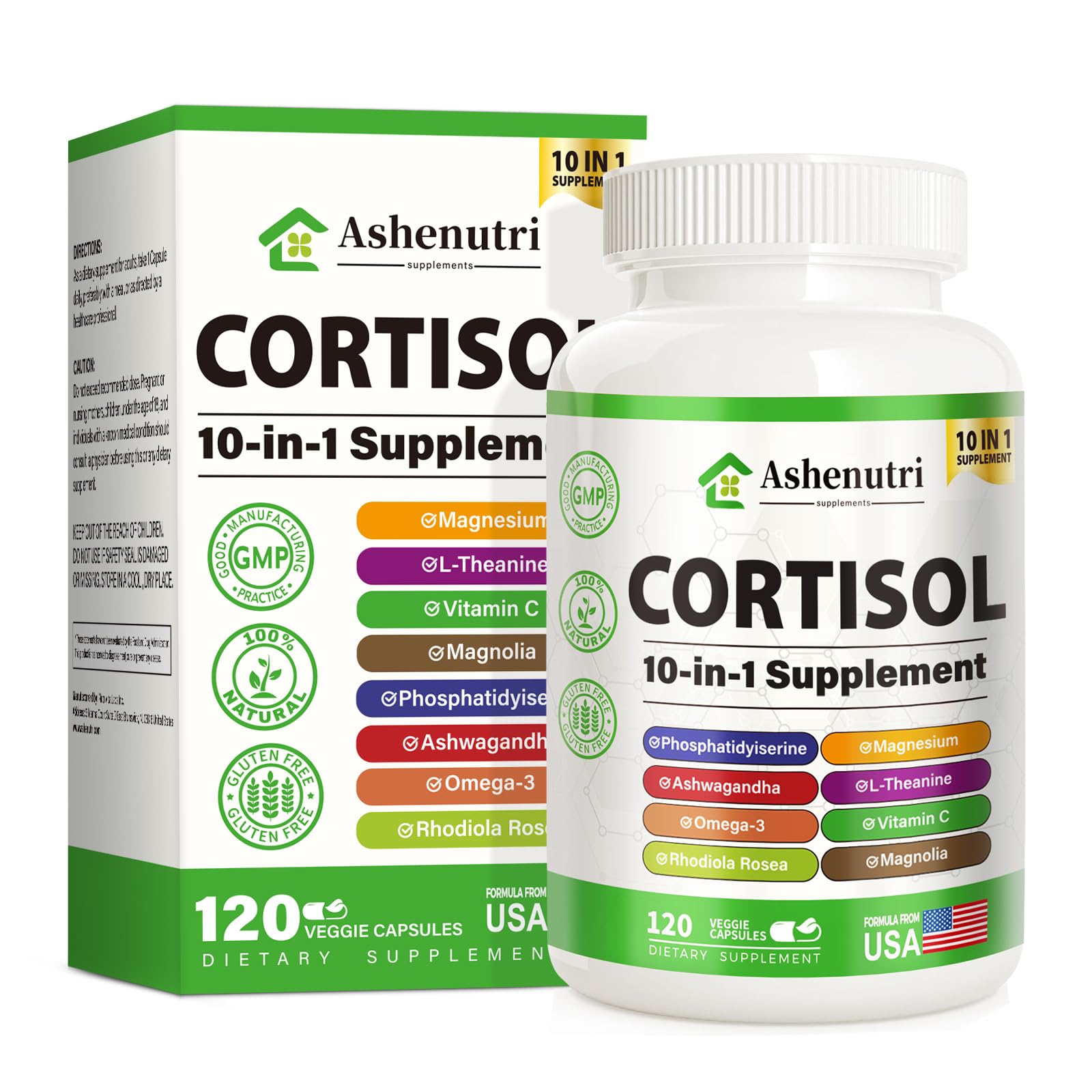 Ashenutri 10-in-1 cortisol supplement bottle front for daily stress support