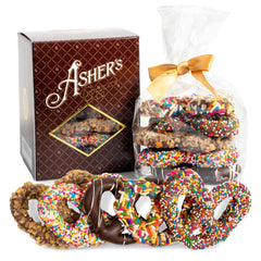Asher's Chocolates chocolate-covered pretzels in a gift basket, a sweet-salty treat for sharing.
