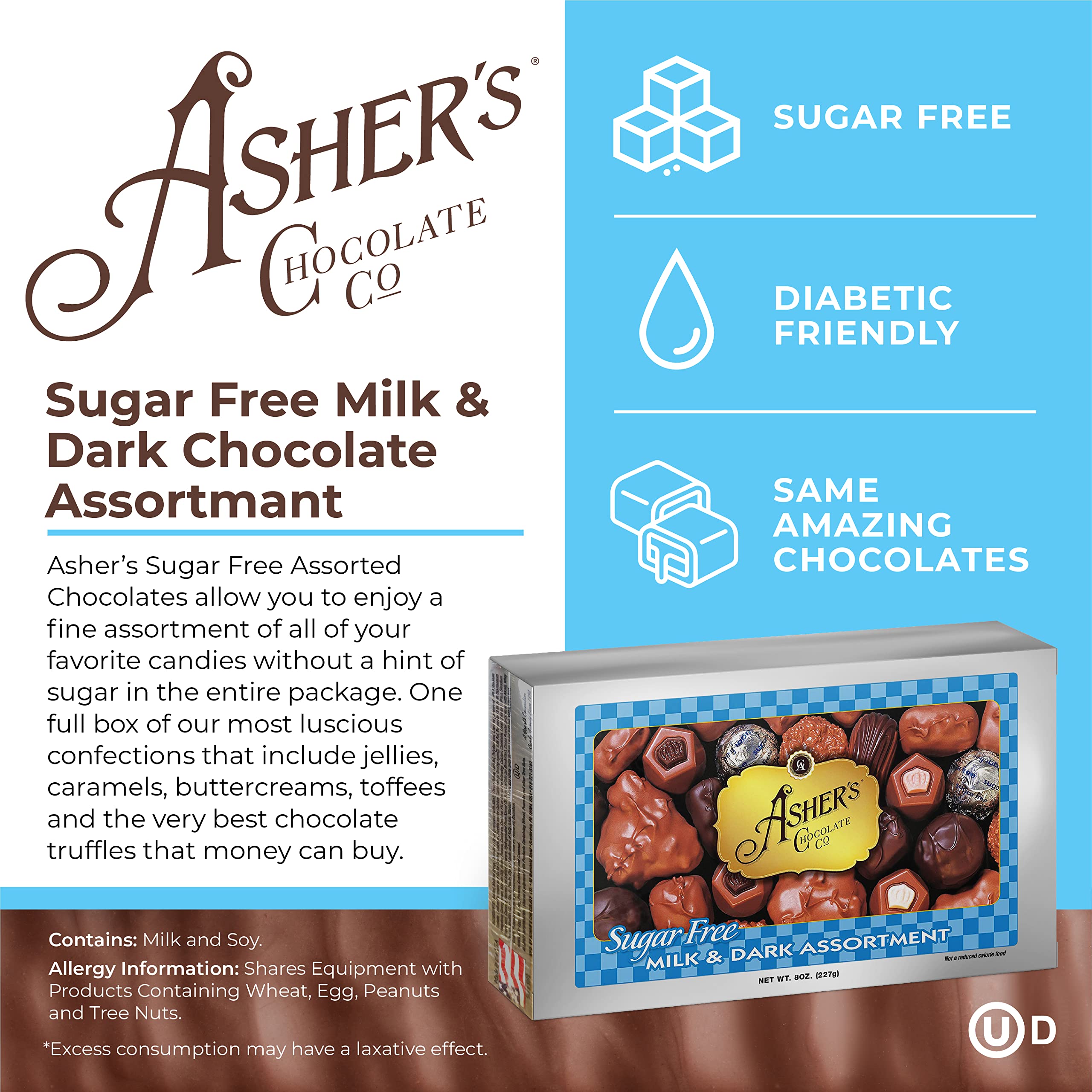 Asher's Sugar Free jellies and caramels, varied textures.