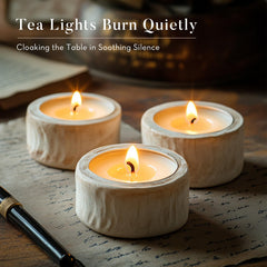 Ashlux tea lights close-up showcasing warm, steady glow for intimate ambiences.