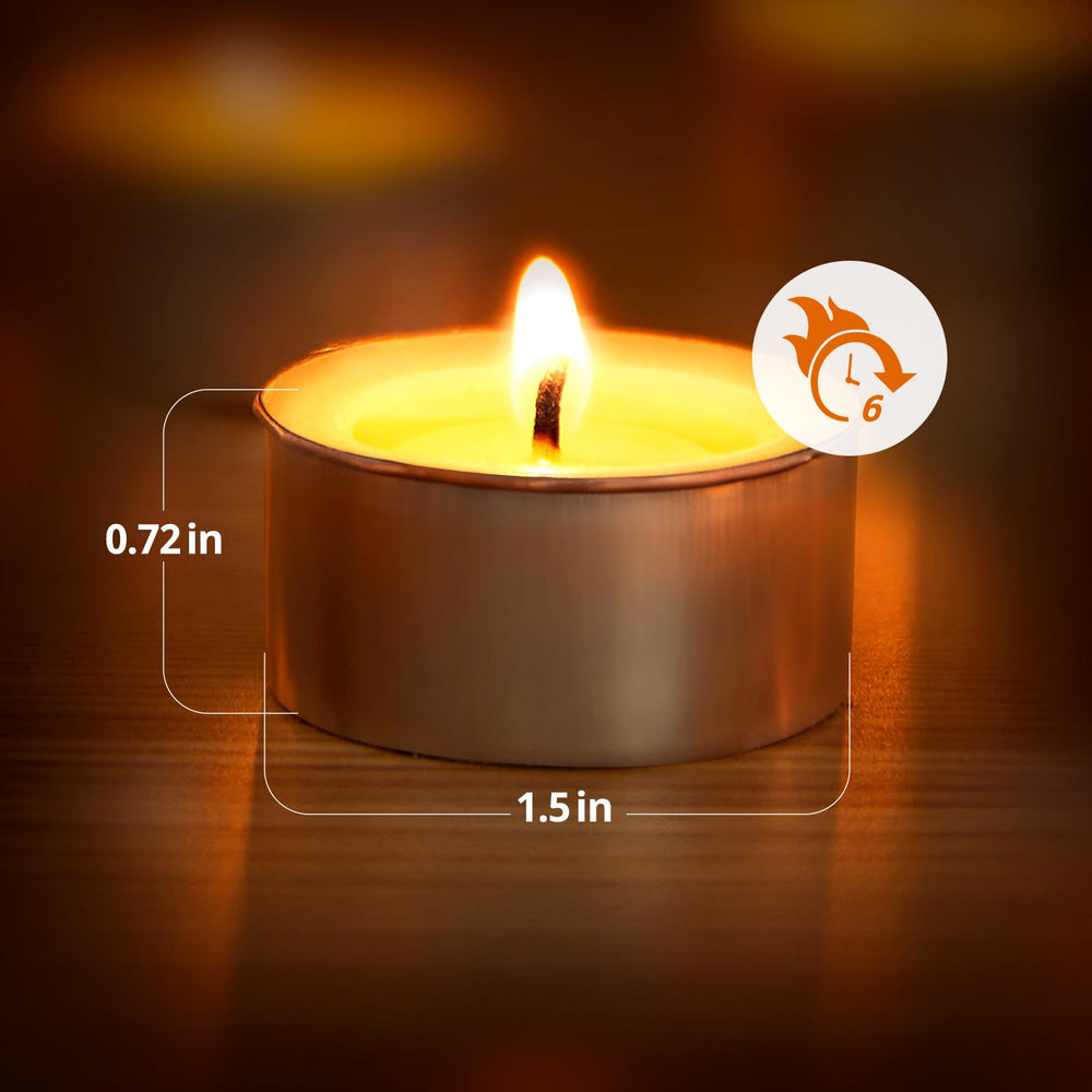 Ashlux six-hour burning tea lights offer long-lasting warmth without overpowering scent.
