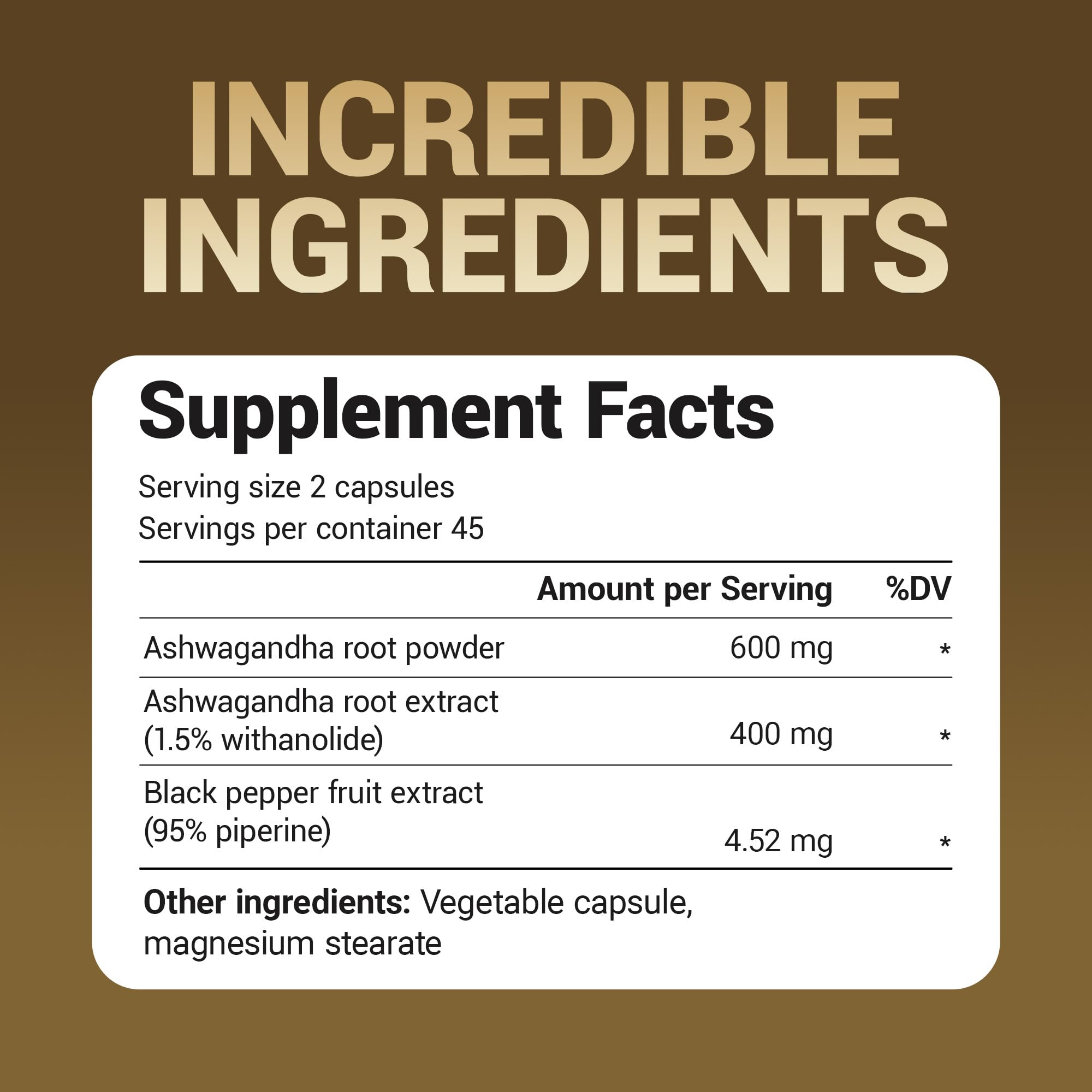 Ashwagandha root extract close-up showing 400 mg content.