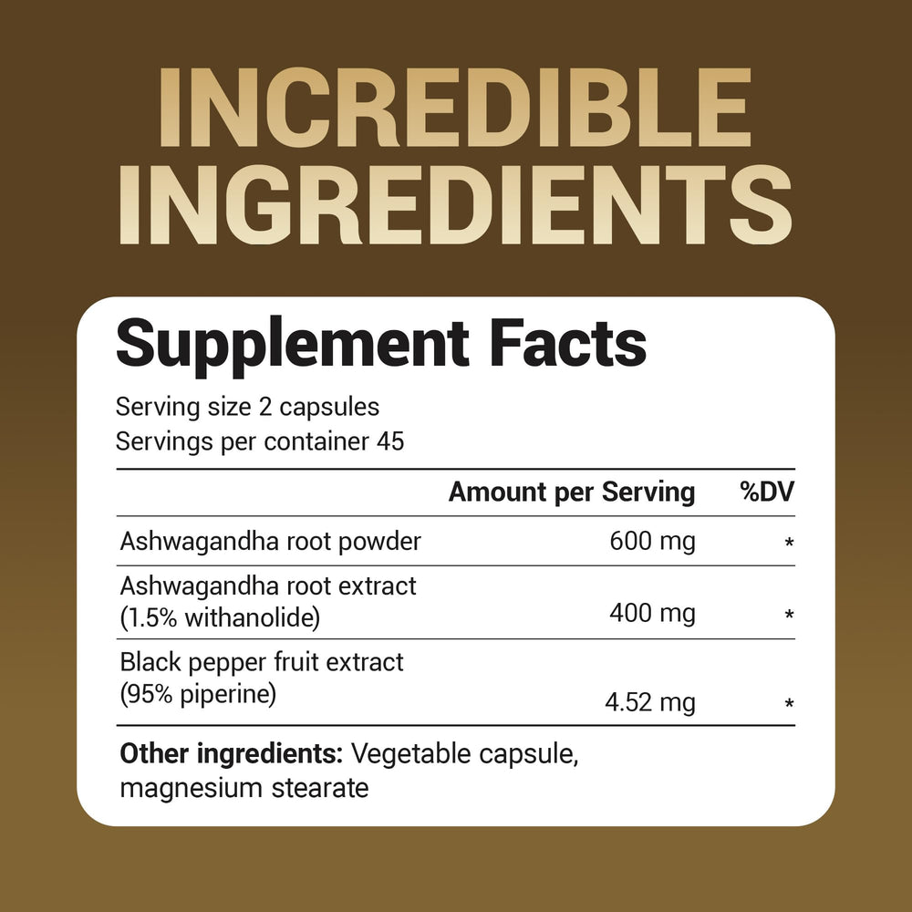 Ashwagandha root extract close-up showing 400 mg content.