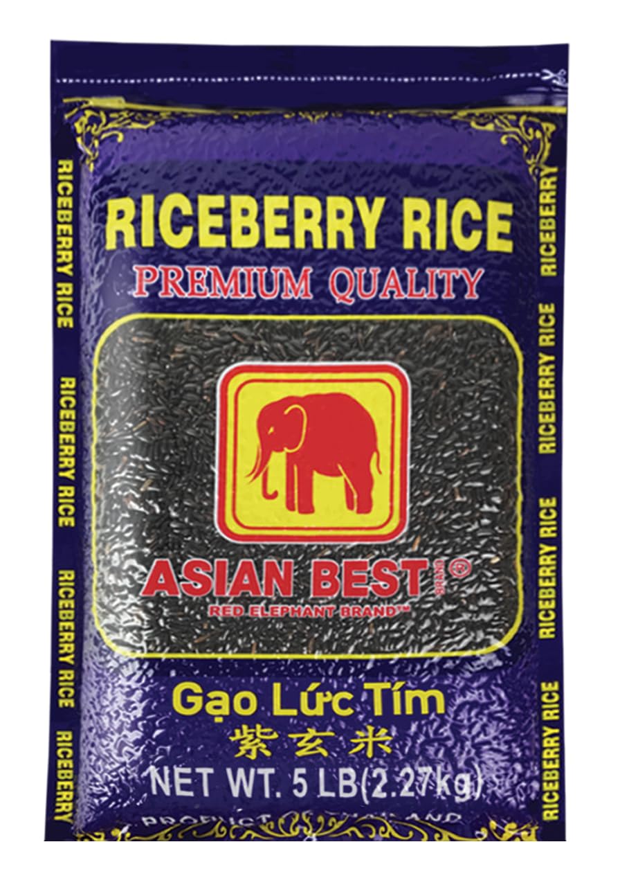 Asian Best Riceberry Rice raw grains in a bag show purple color and whole grain quality.