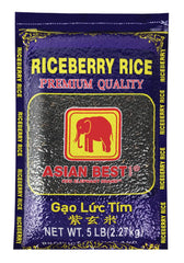 Asian Best Riceberry Rice raw grains in a bag show purple color and whole grain quality.