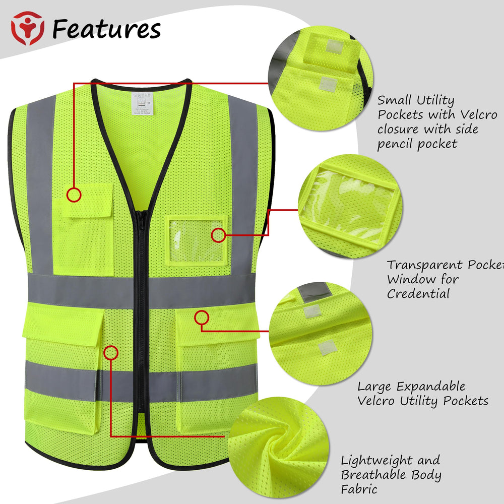 ASIPHITU hi-vis vest zipper close-up highlighting durable front closure.