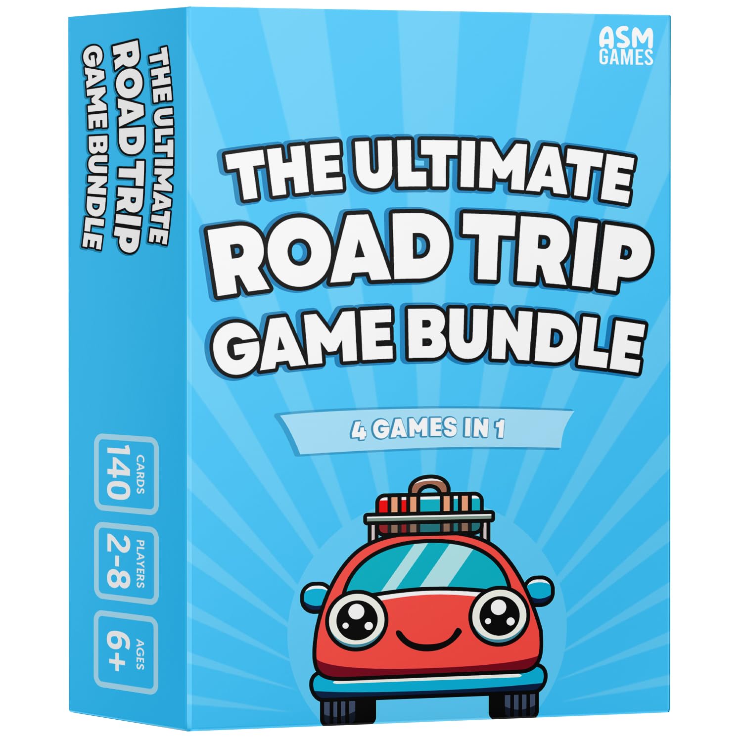 ASM GAMES road trip bundle open box, showcasing the four travel games for family fun.