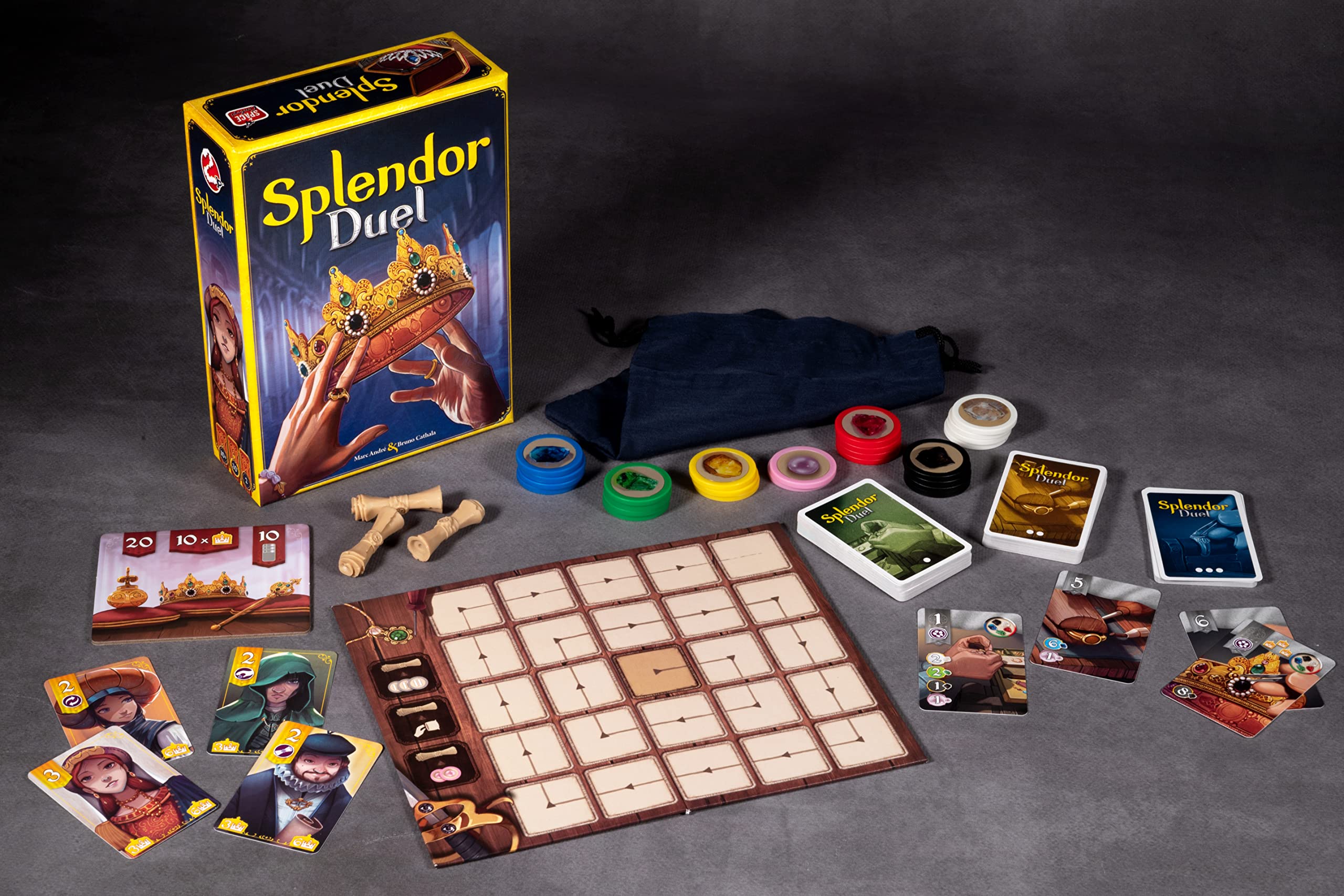 Asmodee Splendor Duel gem tokens close-up highlighting resource gathering for quick rounds.