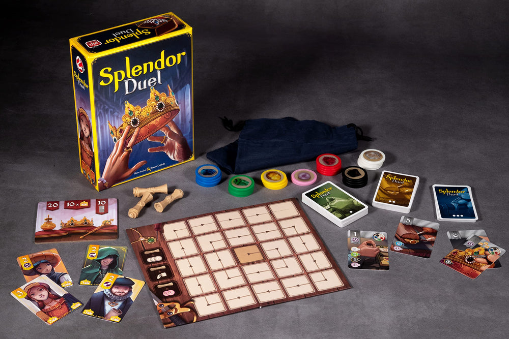 Asmodee Splendor Duel gem tokens close-up highlighting resource gathering for quick rounds.
