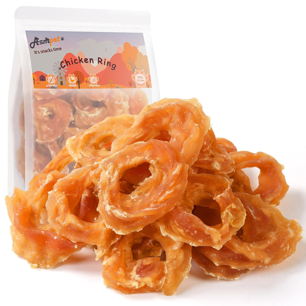 ASMPET chicken jerky dog treats in a resealable pouch for easy portability.