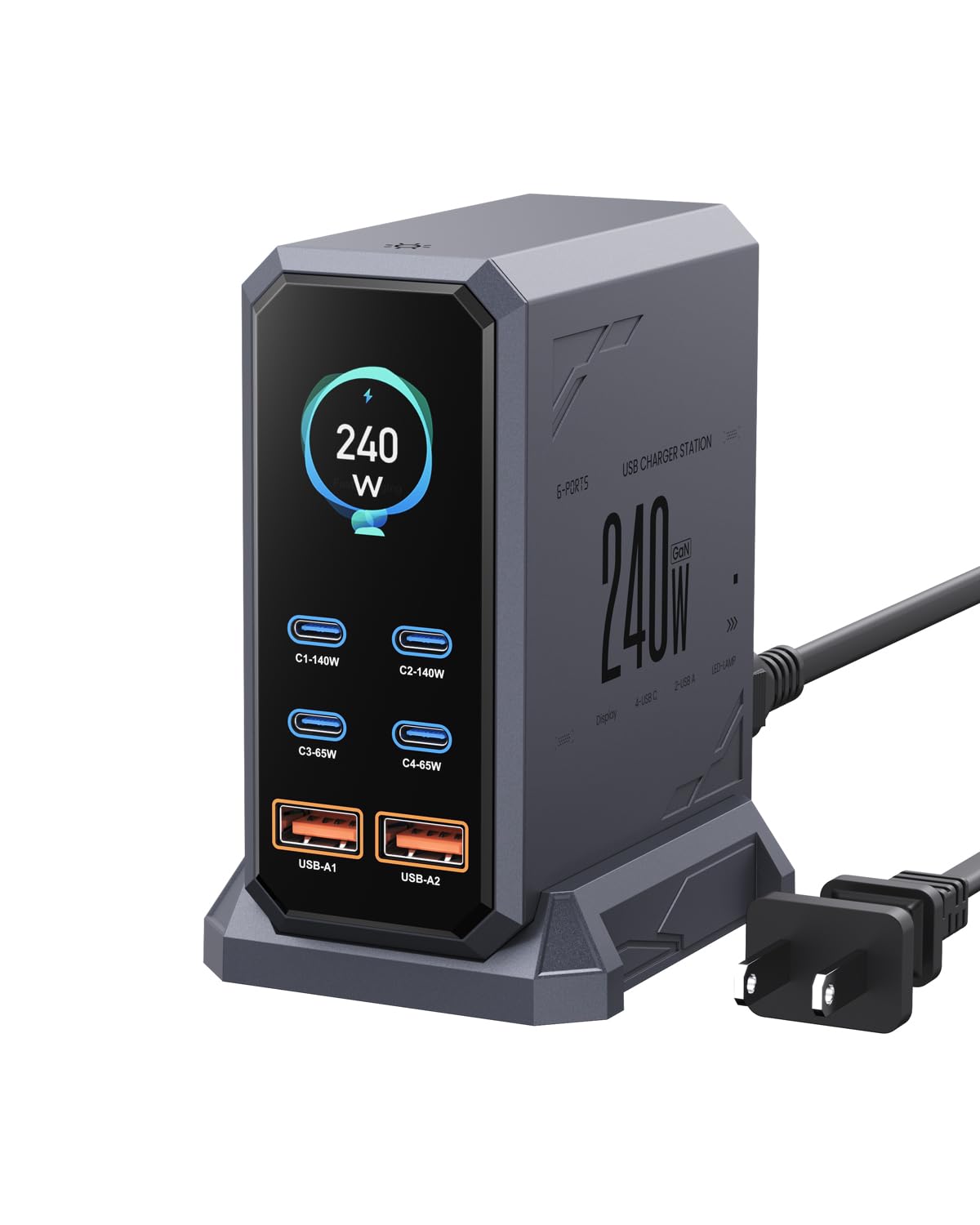ASOMETECH 240W charger block front view powering multiple devices
