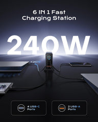 ASOMETECH charger block port panel showing six ports in use