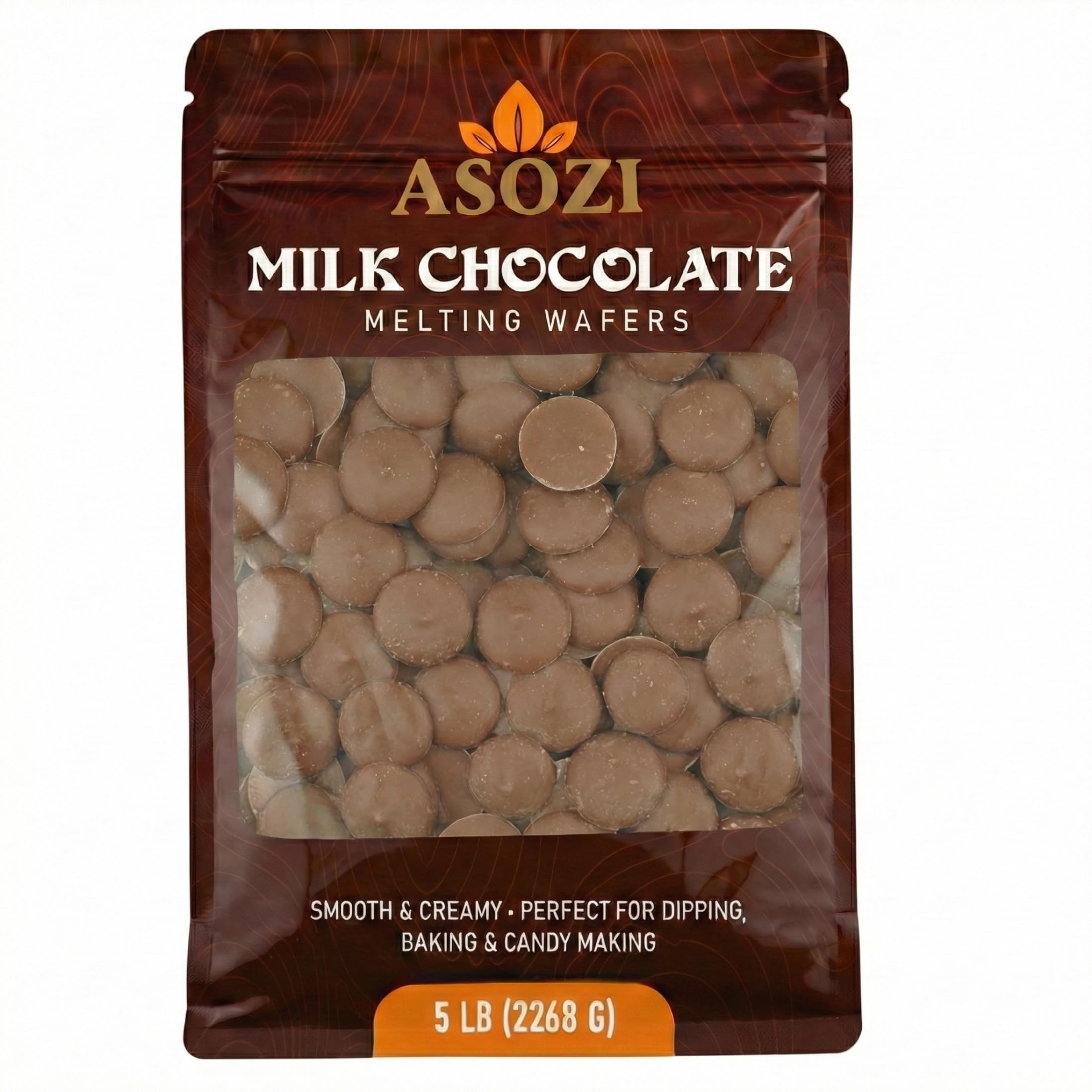 ASOZI Milk Chocolate Melting Wafers in bag front view for easy, ready-to-use chocolate