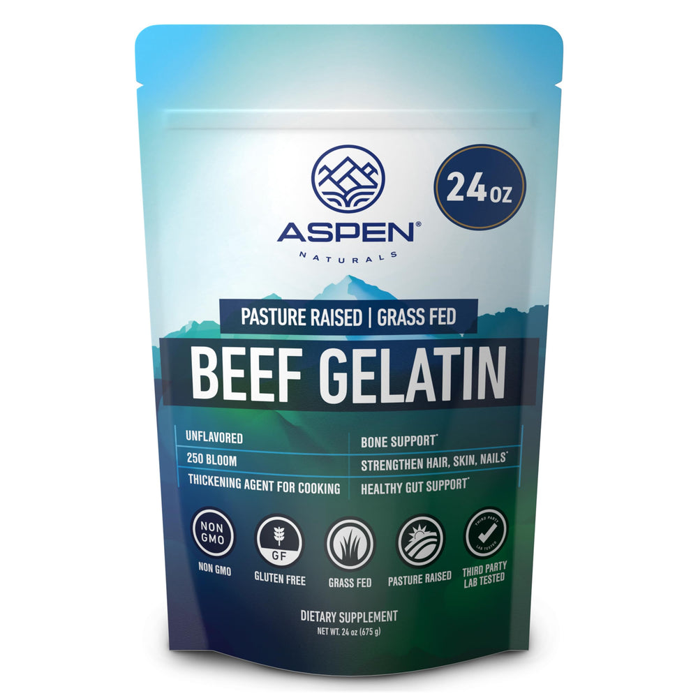 Aspen Naturals beef gelatin powder in a 24 oz jar for versatile cooking.