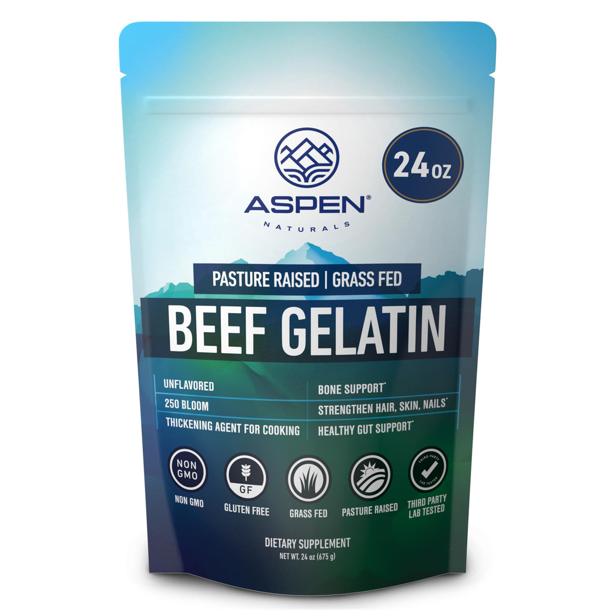 Aspen Naturals beef gelatin powder in a 24 oz jar for versatile cooking.