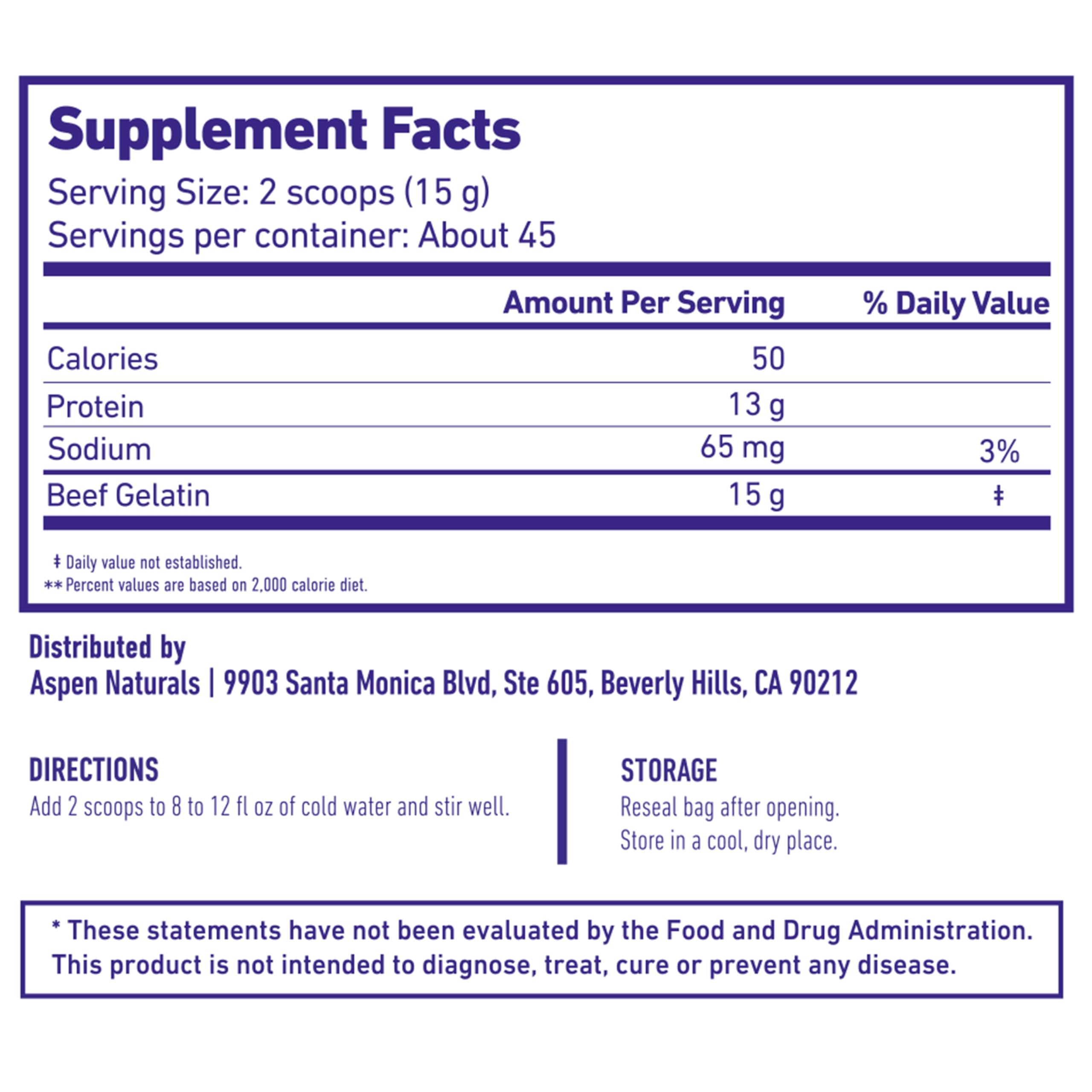 Aspen Naturals unflavored gelatin powder with scoop ready for easy dissolving.