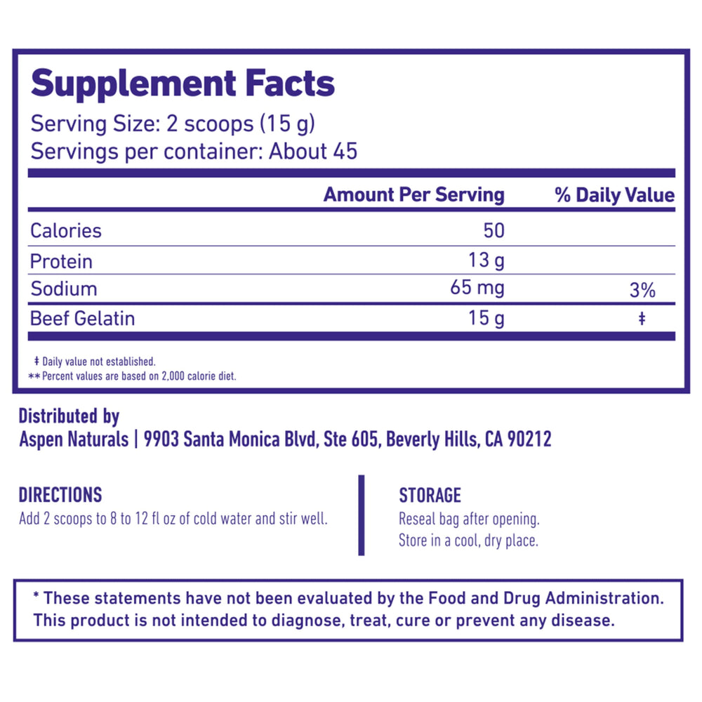 Aspen Naturals unflavored gelatin powder with scoop ready for easy dissolving.