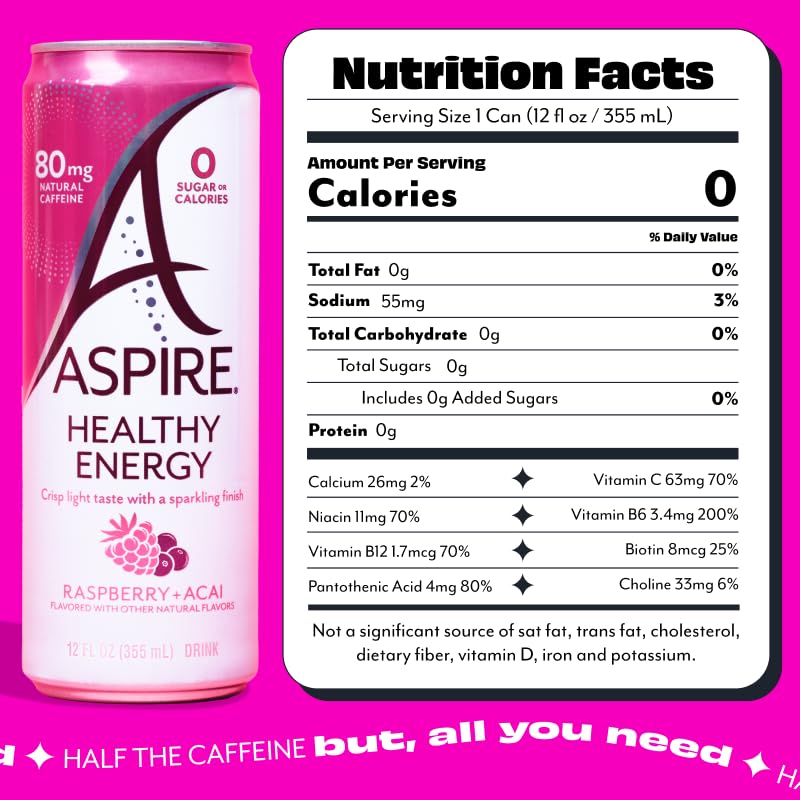 Aspire Raspberry Acai can showcases zero sugar and keto-friendly formula for balance.