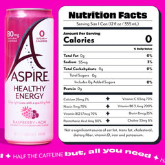 Aspire Raspberry Acai can showcases zero sugar and keto-friendly formula for balance.