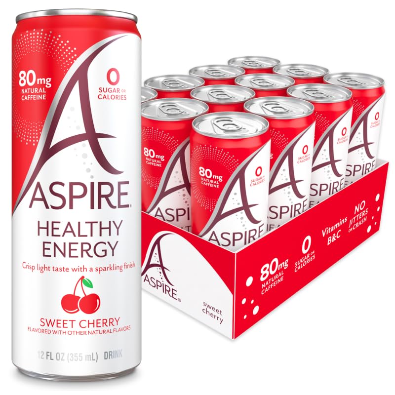 ASPIRE Sweet Cherry energy drink bottle highlights zero sugar and sleek design