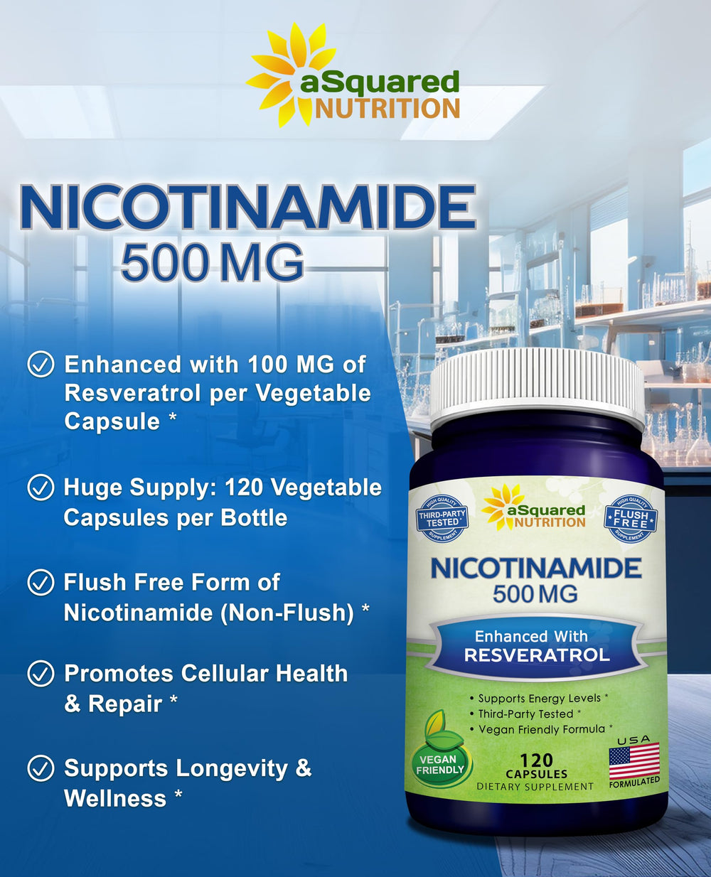 asquared nicotinamide capsules close-up highlights non-flush niacinamide formula