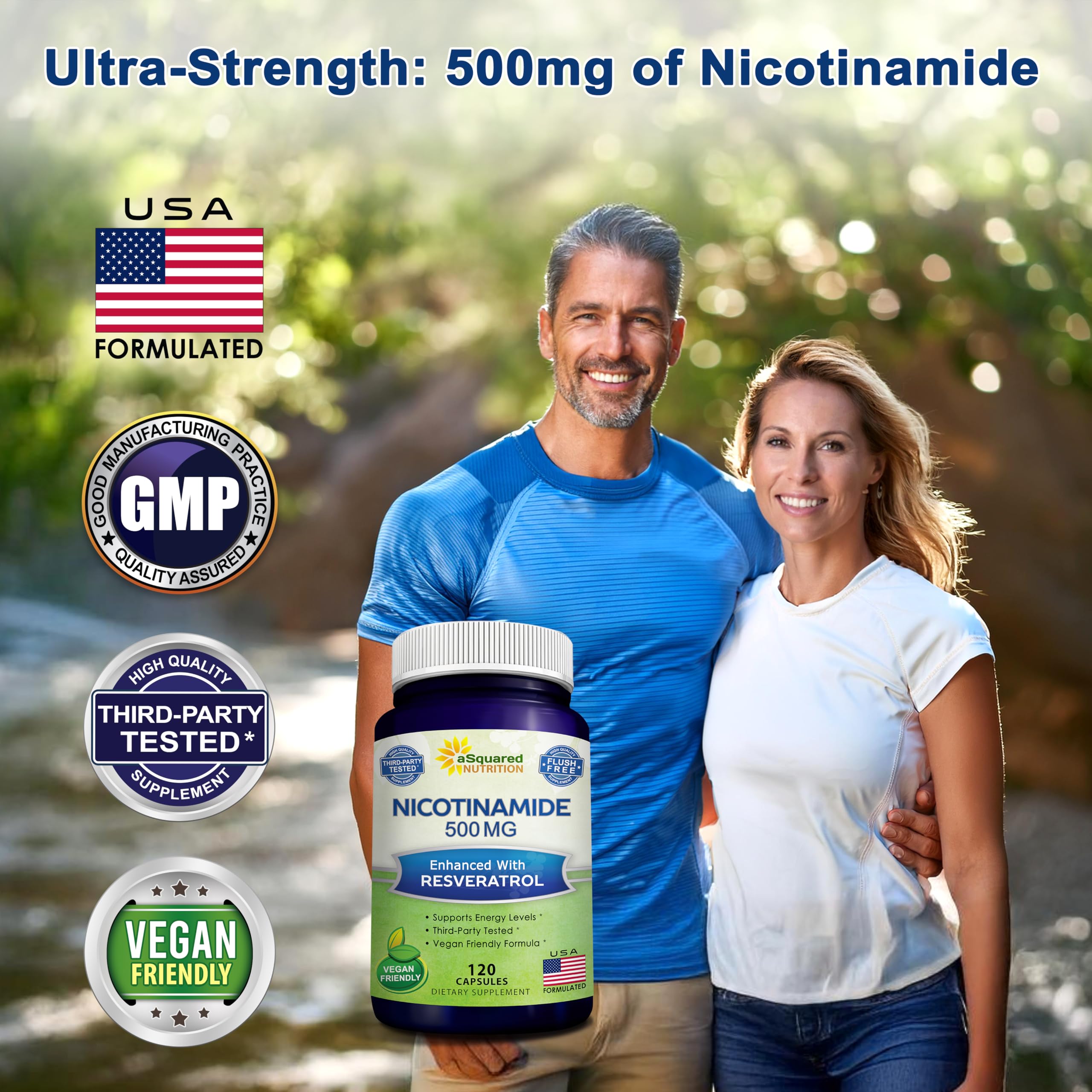 asquared nicotinamide bottle displays non-GMO gluten-free badge