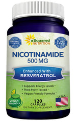 asquared nutrition nicotinamide with resveratrol bottle shows 500mg B3 potential longevity support