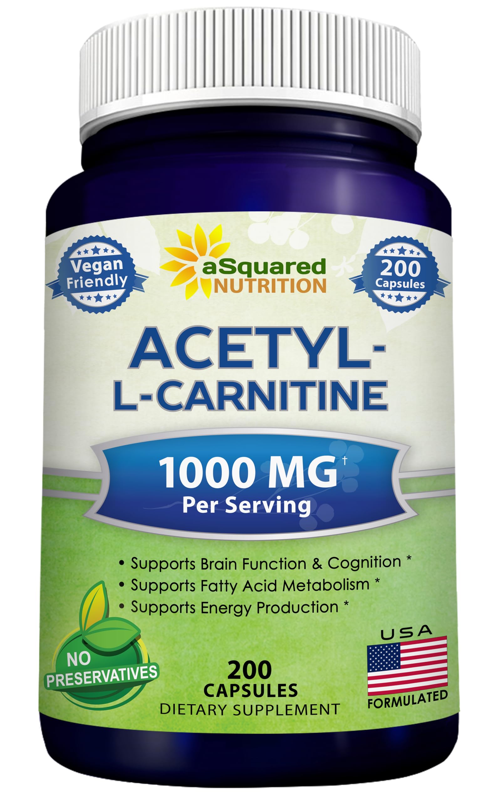aSquared Nutrition Acetyl L-Carnitine 1000mg bottle for daily energy support.