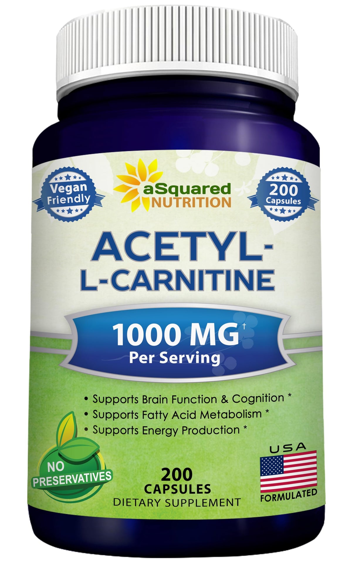 aSquared Nutrition Acetyl L-Carnitine 1000mg bottle for daily energy support.