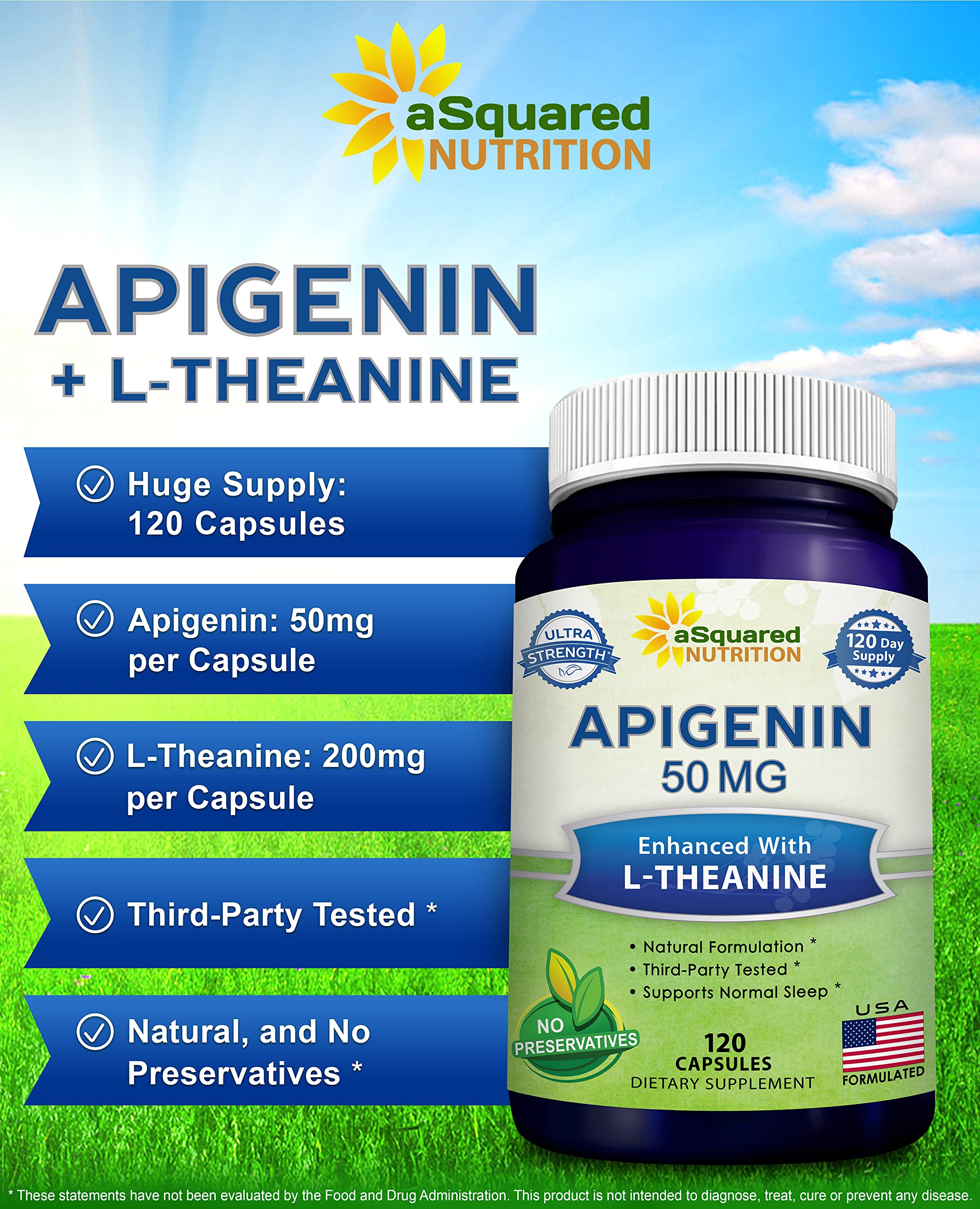 aSquared Nutrition capsules close-up showing 50mg apigenin and 200mg l-theanine