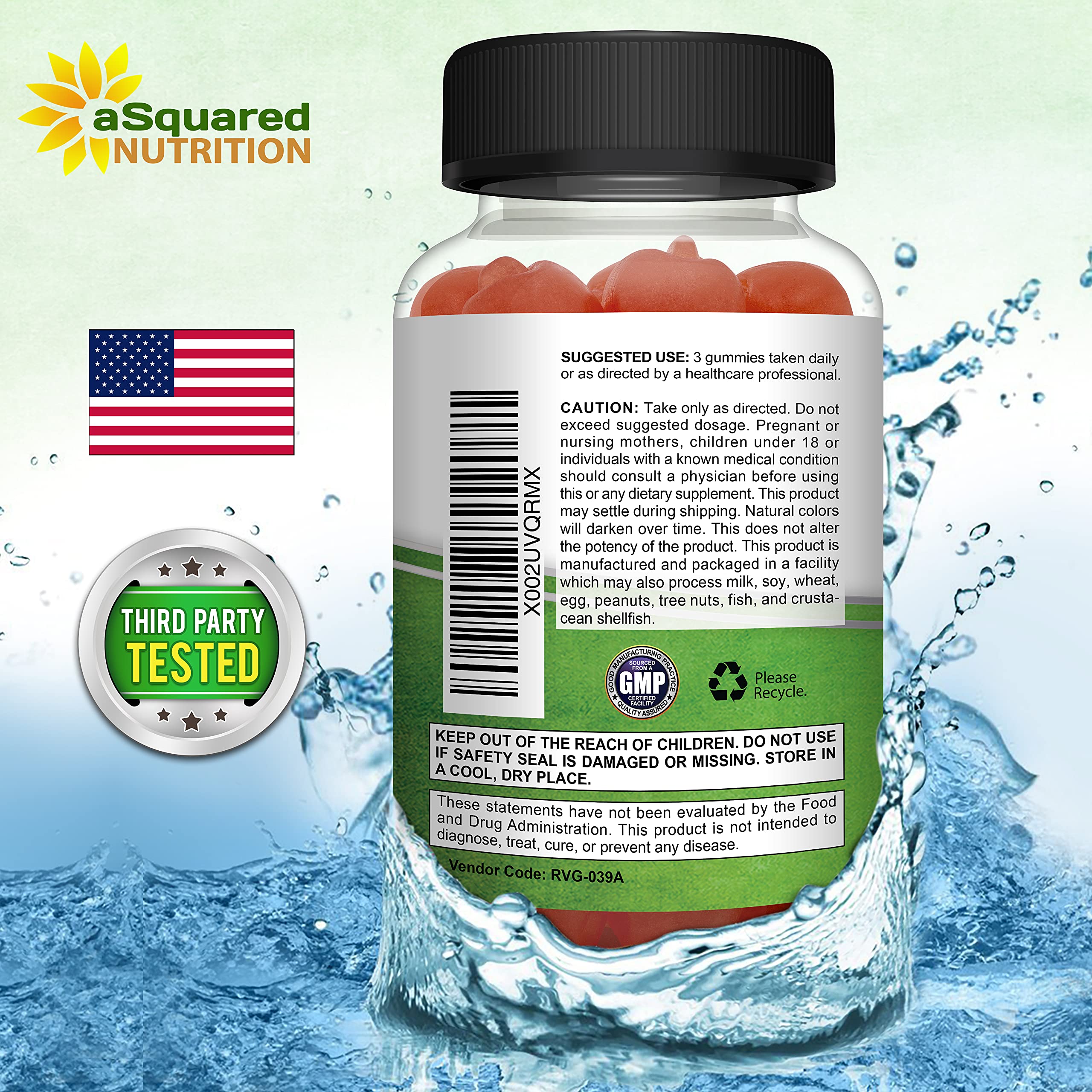 aSquared Nutrition ACV gummies jar label highlighting vegan, unrefined formula
