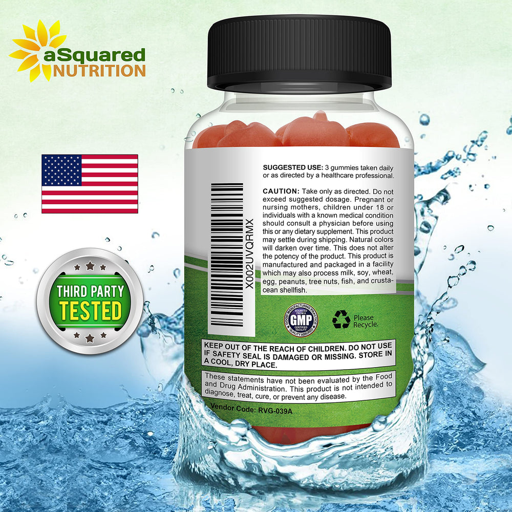 aSquared Nutrition ACV gummies jar label highlighting vegan, unrefined formula
