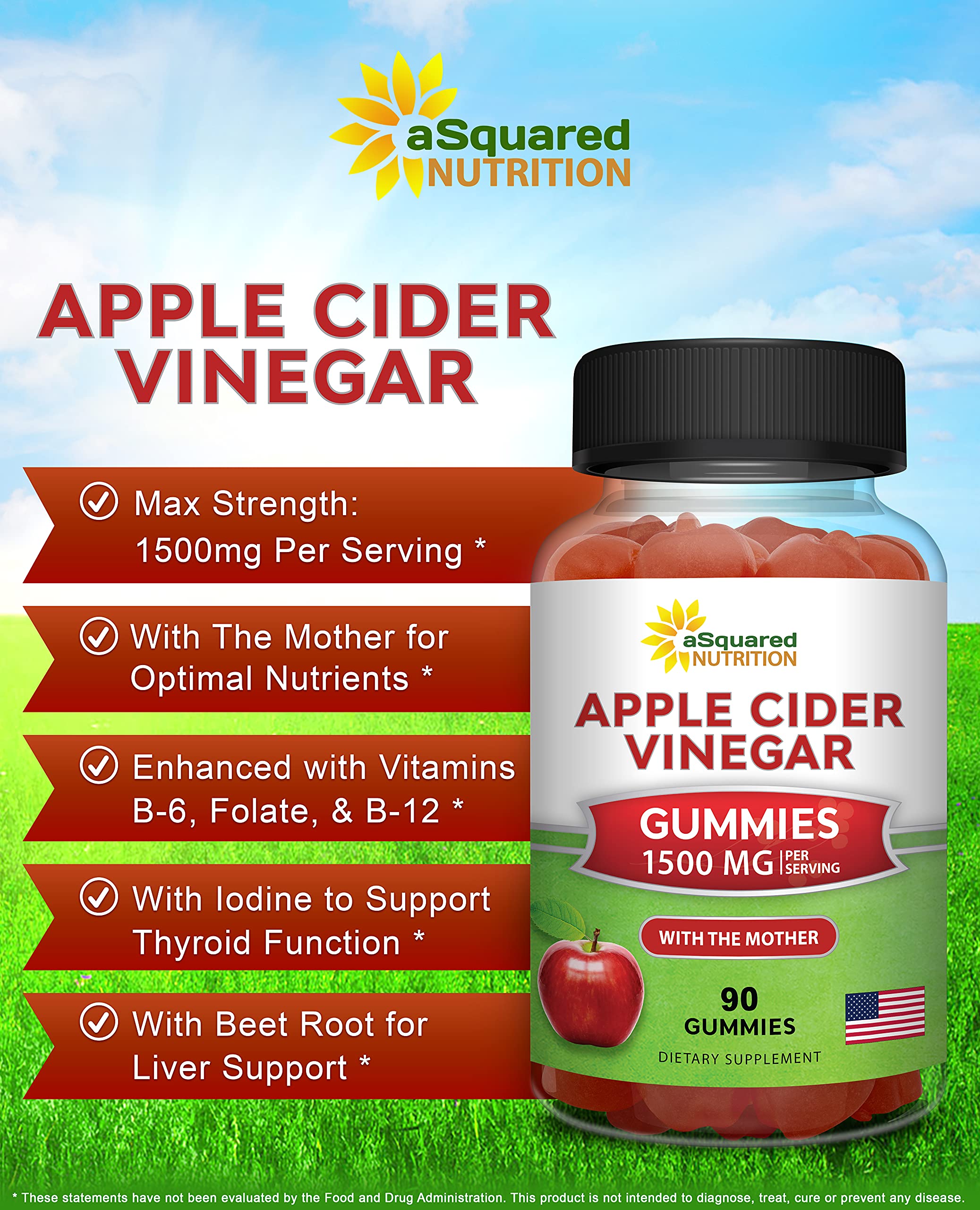 aSquared Nutrition ACV gummies pouring from bottle showing 1500mg per serving